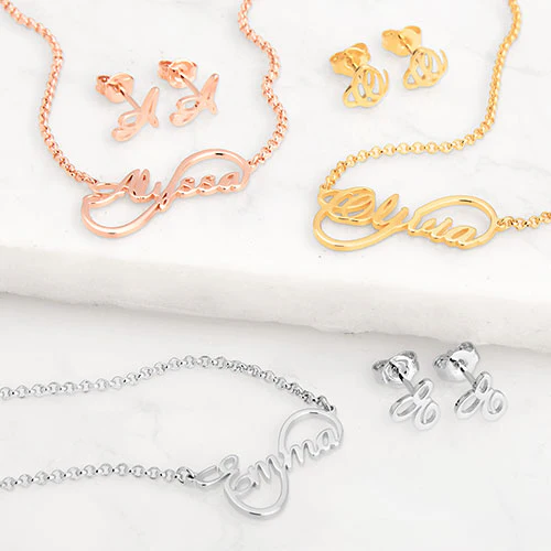 Sterling Silver Script Name Infinity Necklace and Initial Earring Set