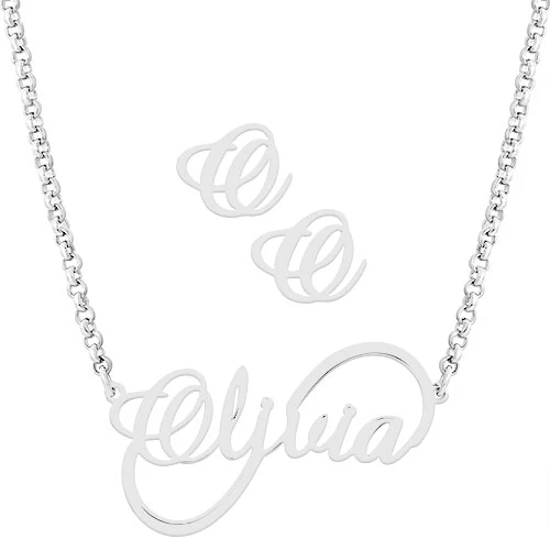 Sterling Silver Script Name Infinity Necklace and Initial Earring Set - Image 2