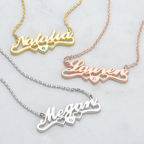 Sterling Silver Script Name with Birthstone Heart Scroll Pendant