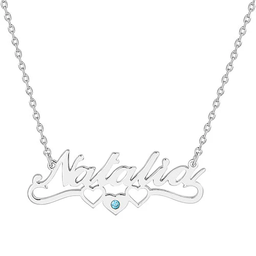 Sterling Silver Script Name with Birthstone Heart Scroll Pendant - Image 2