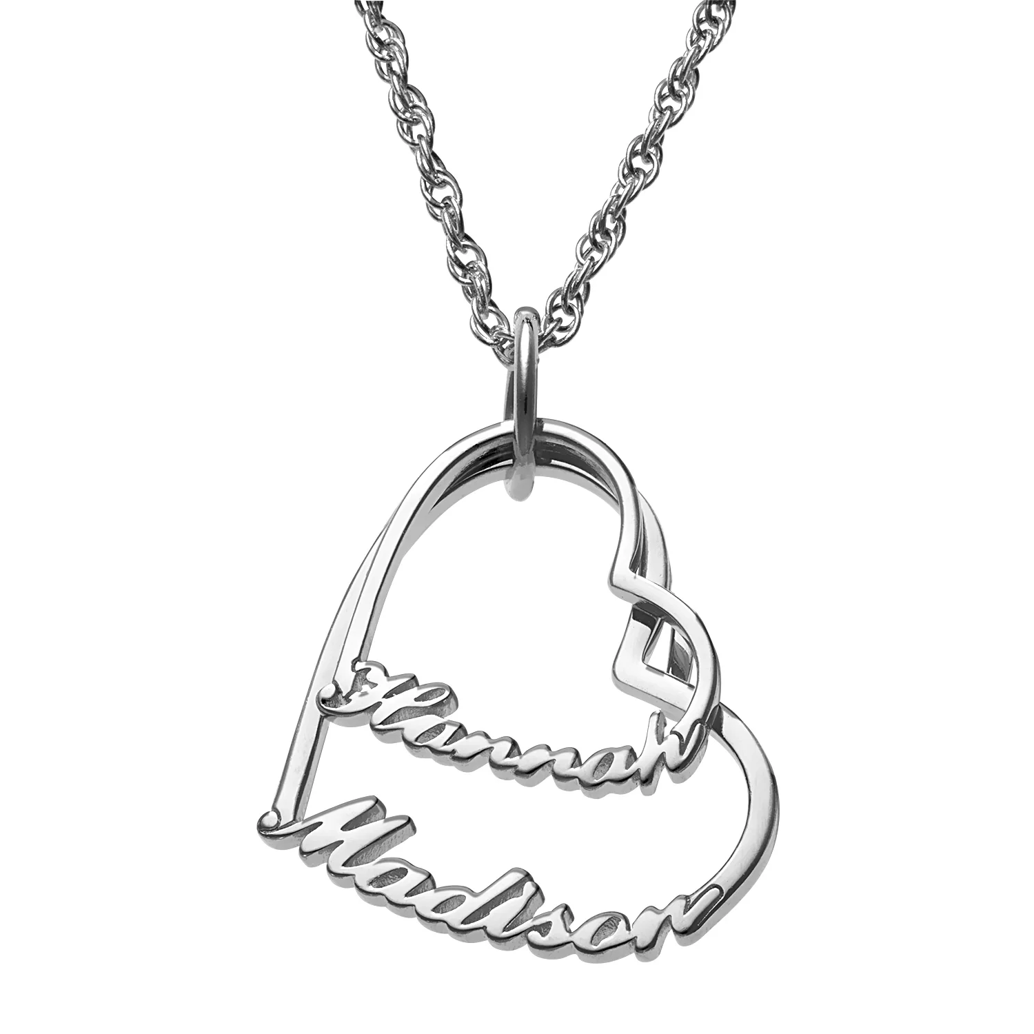 Sterling Silver Script Name with Heart Necklace - 2 Names