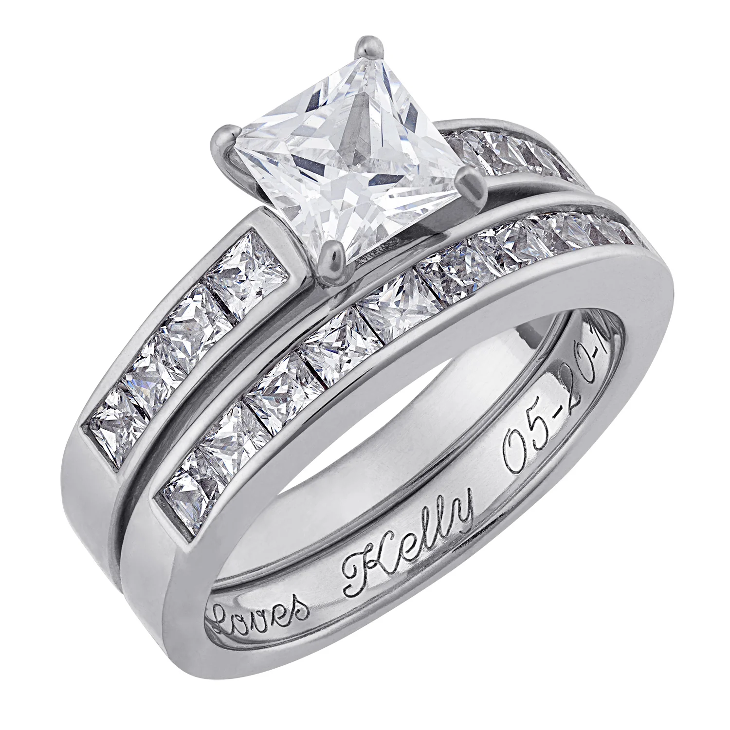 Sterling Silver Square CZ 2 Piece Engraved Wedding Ring Set - Image 2