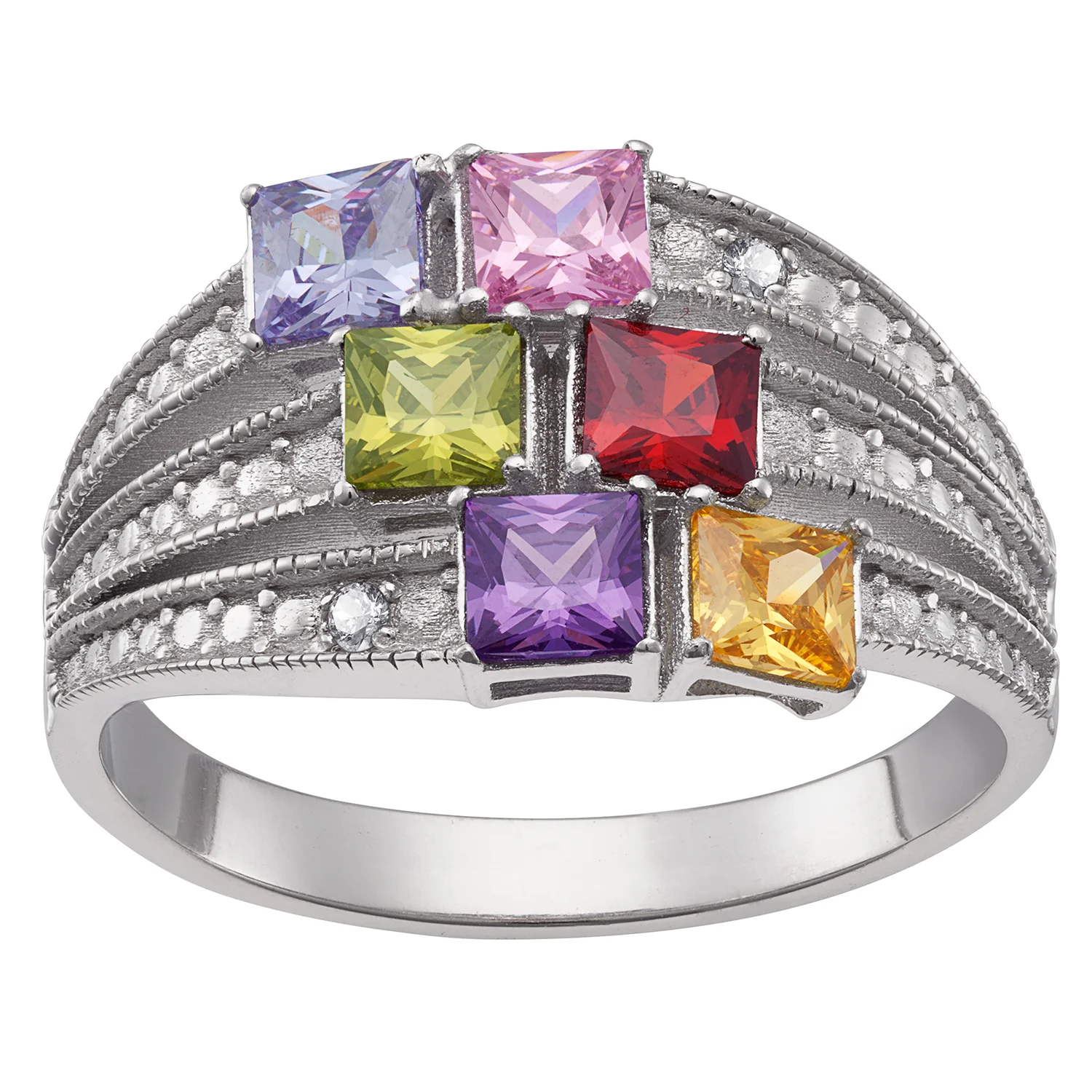 Sterling Silver Square Family Birthstone Ring with Diamond Accent