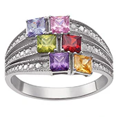 Sterling Silver Square Family Birthstone Ring with Diamond Accent - Image 2