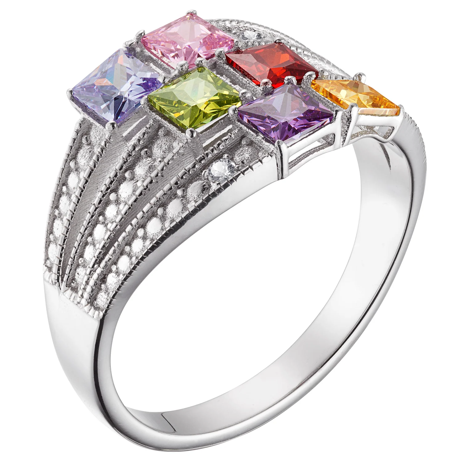 Sterling Silver Square Family Birthstone Ring with Diamond Accent - Image 3