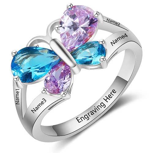 Sterling Silver Teardop Birthstone Butterfly Family Name Ring