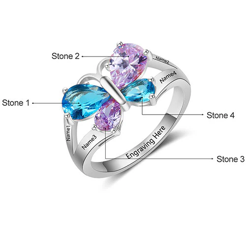 Sterling Silver Teardop Birthstone Butterfly Family Name Ring - Image 4