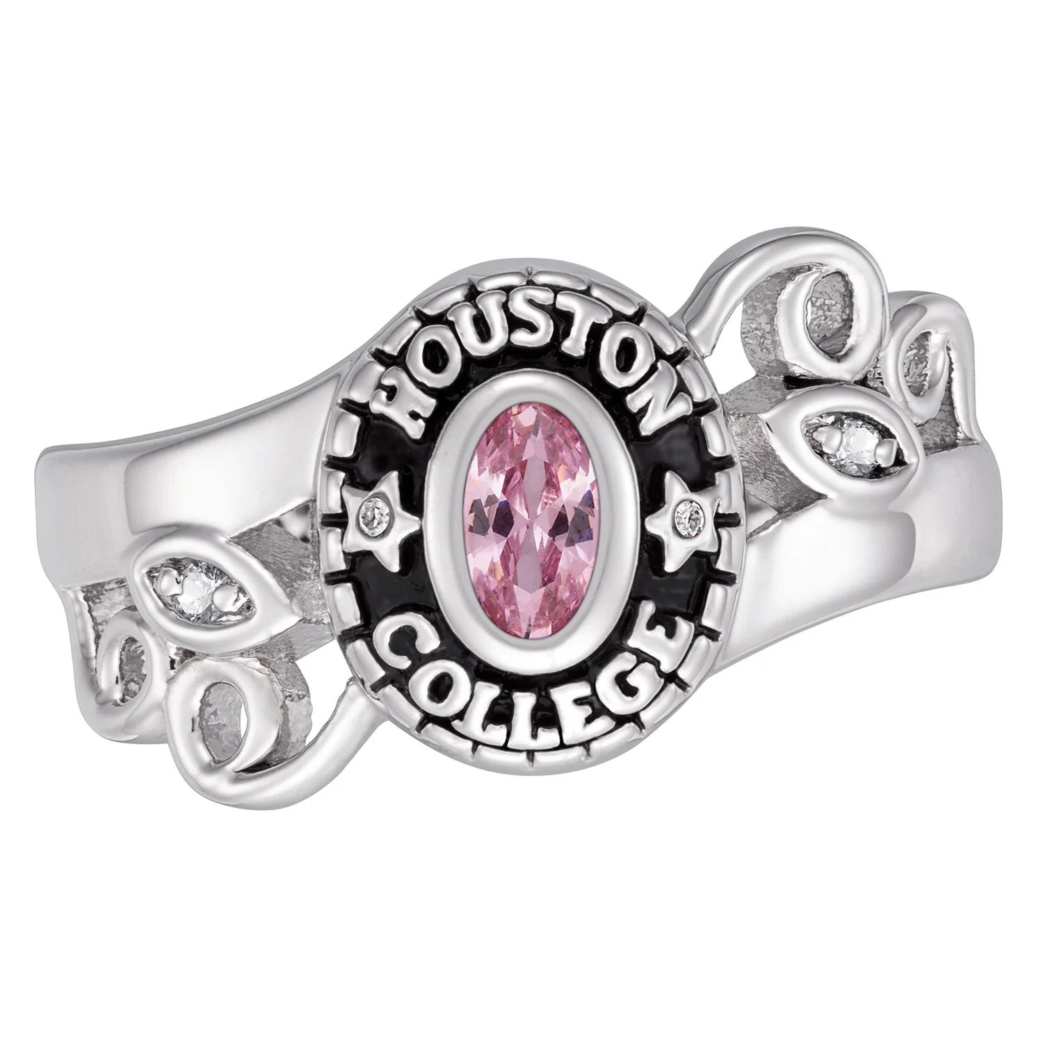 Sterling Silver Traditional Oval Stone and Diamond Swirl Ladies Class Ring - Image 2