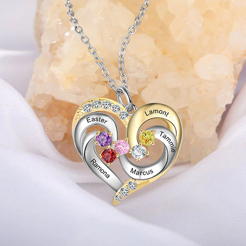 Sterling Silver Two-tone Engraved Birthstone Heart with CZ Necklace - Image 2