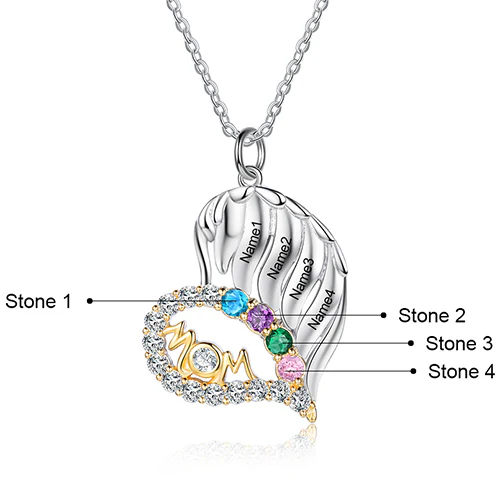 Sterling Silver Two-tone Engraved Name and Birthstone Mom Heart with CZ Necklace - Image 6