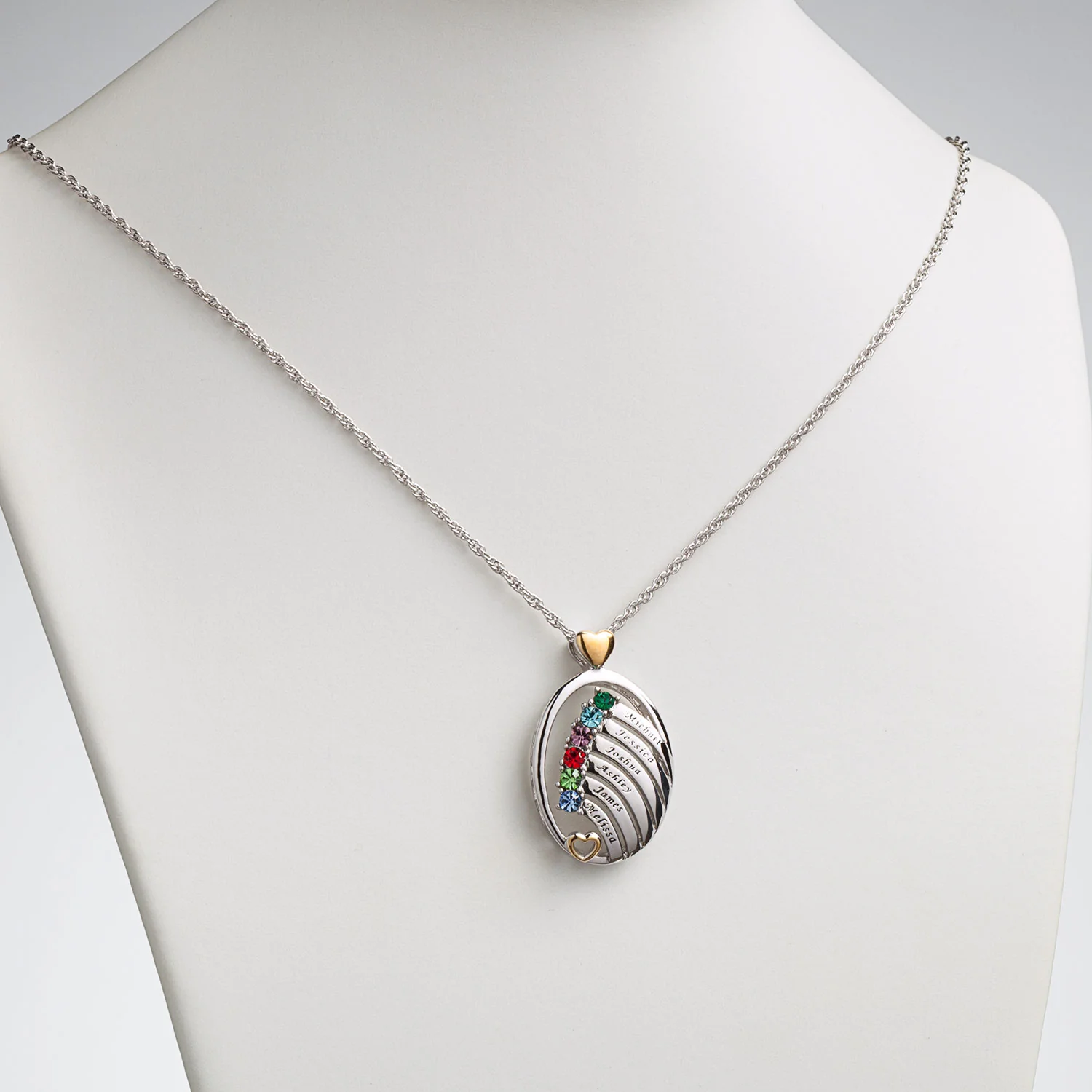 Sterling Silver Two-Tone Oval Name and Birthstone Hearts Pendant - Image 2