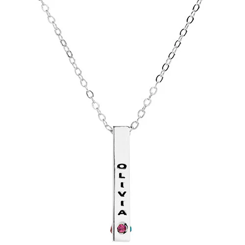 Sterling Silver Vertical 4-Sided Engraved Family Name and Birthstone Necklace - Image 2