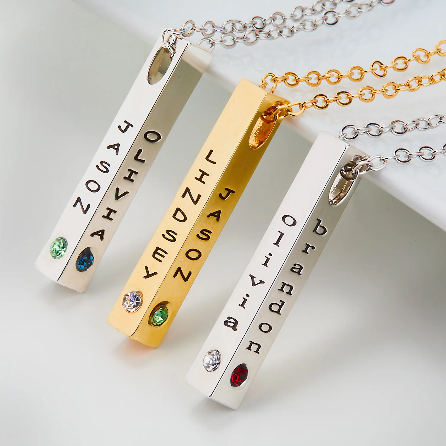Sterling Silver Vertical 4-Sided Engraved Family Name and Birthstone Necklace - Image 3