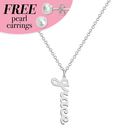 Sterling Silver Vertical Lowercase Script Name with Free Freshwater Pearl Earrings