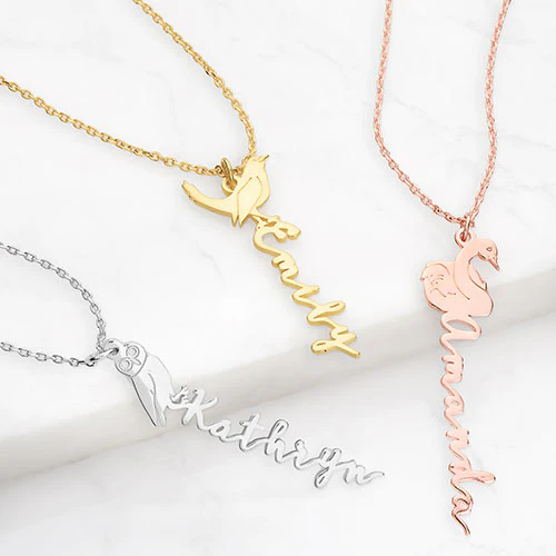 Sterling Silver Vertical Script Name with Birthmonth Bird Necklace