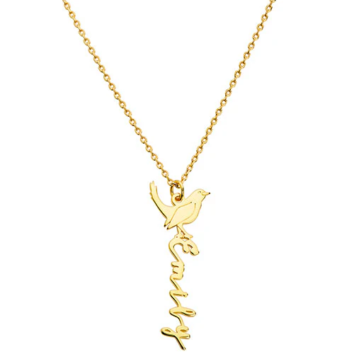 Sterling Silver Vertical Script Name with Birthmonth Bird Necklace - Image 4