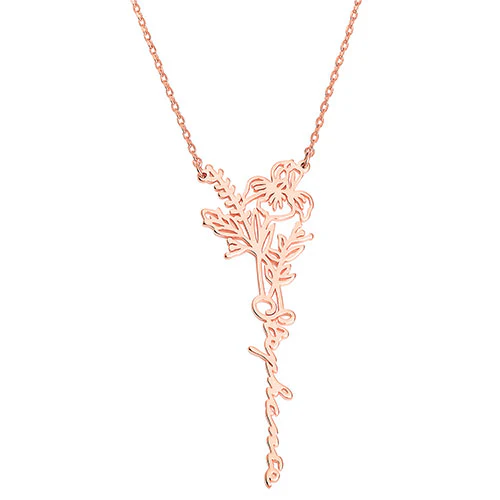 Sterling Silver Vertical Script Name with Birthmonth Flower Necklace - Image 6