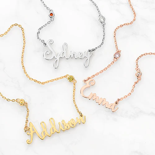 Sterling Silver Whimsical Script Name and Birthstone Necklace - Image 2