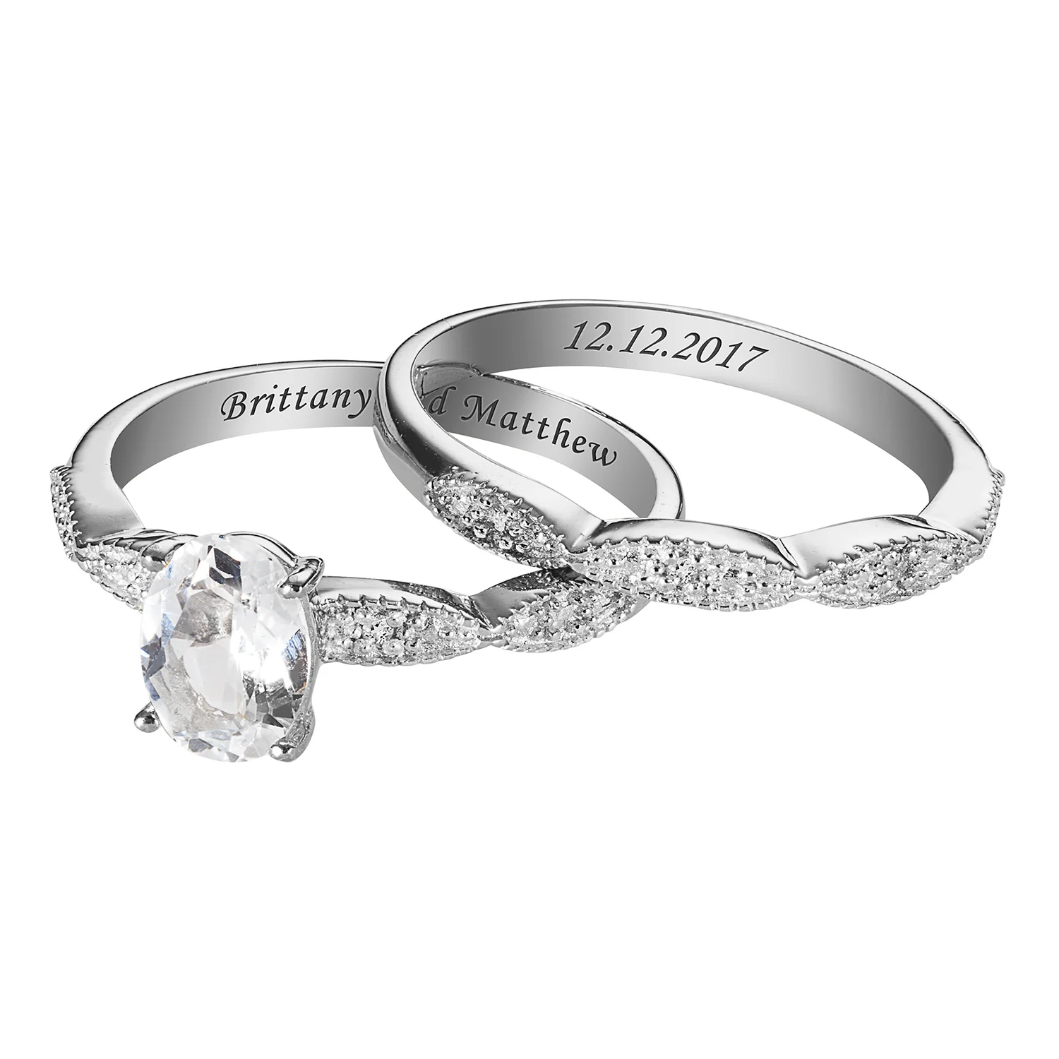 Sterling Silver White Topaz Oval and Diamond Accent Wedding Ring Set - Image 3