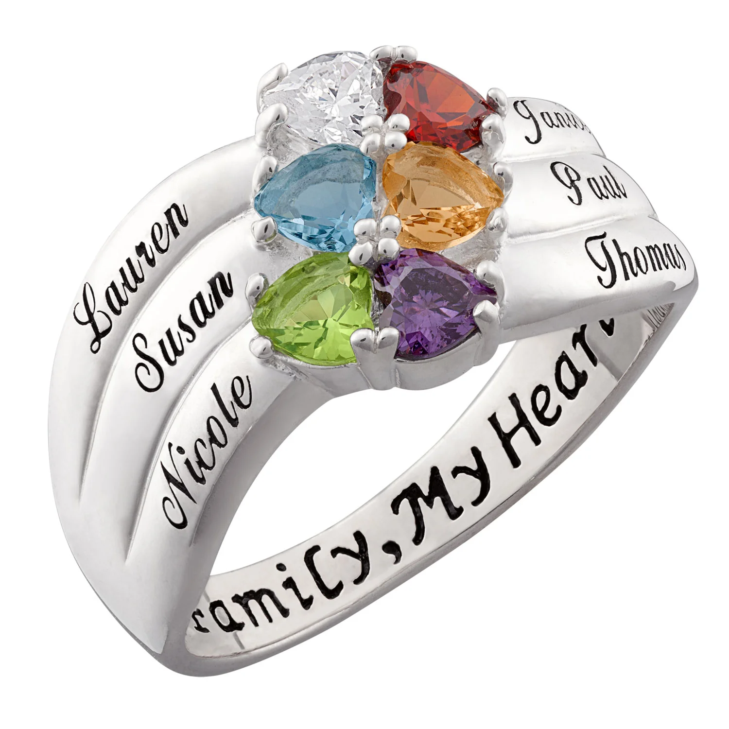 Sterling Sterling Heart-Shaped Birthstone and Name Family Ring - Image 2