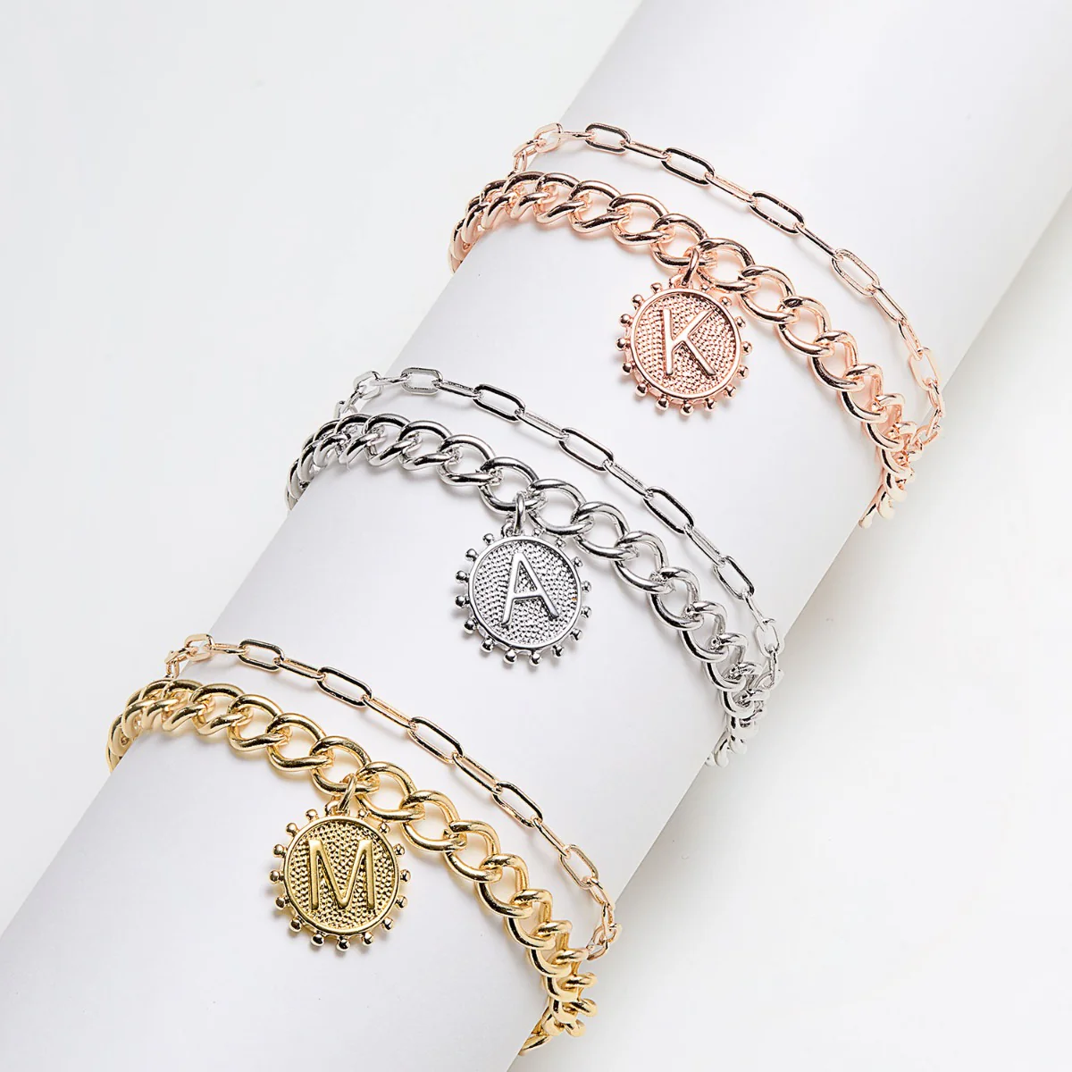 Sun Pendant Layered Initial Bracelet Rose Gold Plated - Image 3
