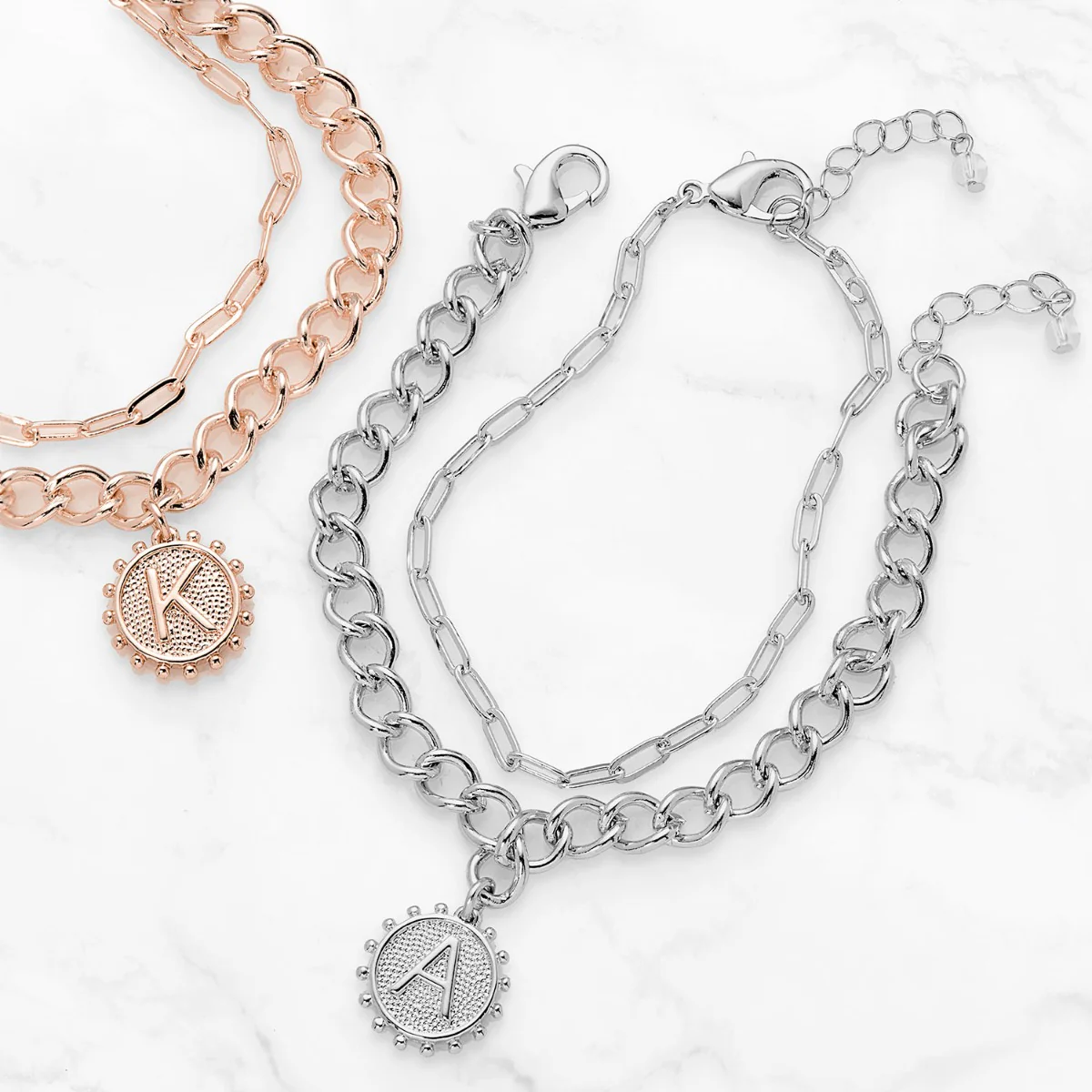 Sun Pendant Layered Initial Bracelet Rose Gold Plated - Image 4