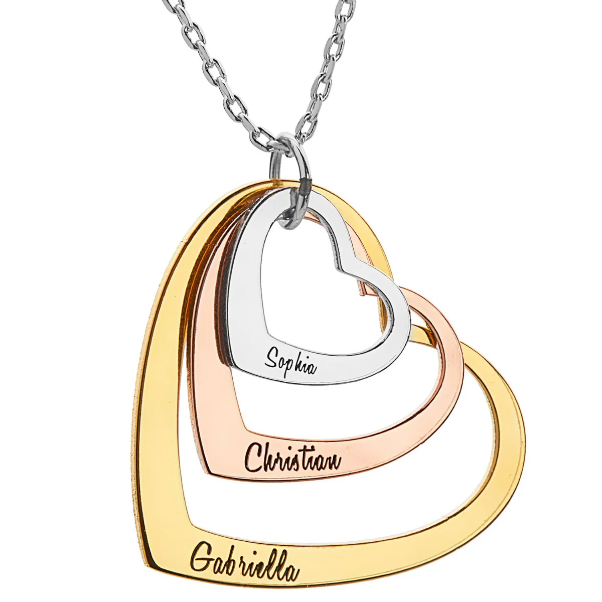 Tricolor Engraved Nesting Heart Necklace
