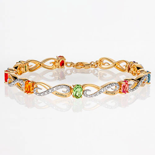 Two Tone Family Name and Birthstone Diamond Accent Infinity Bracelet