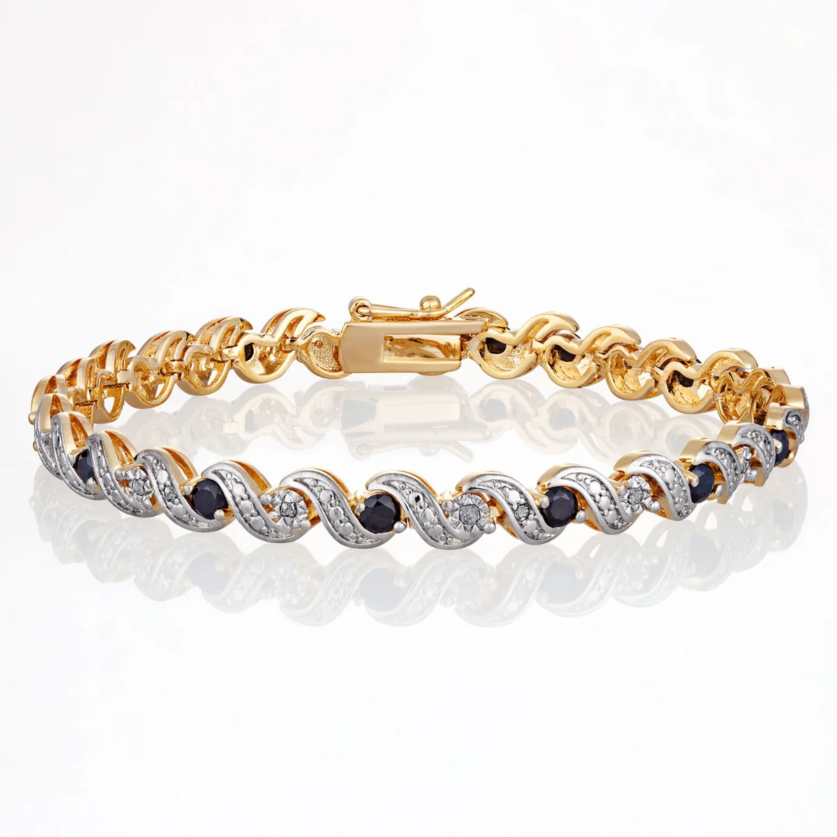 Two Tone Genuine Sapphire and Diamond Accent Bracelet 8 inches