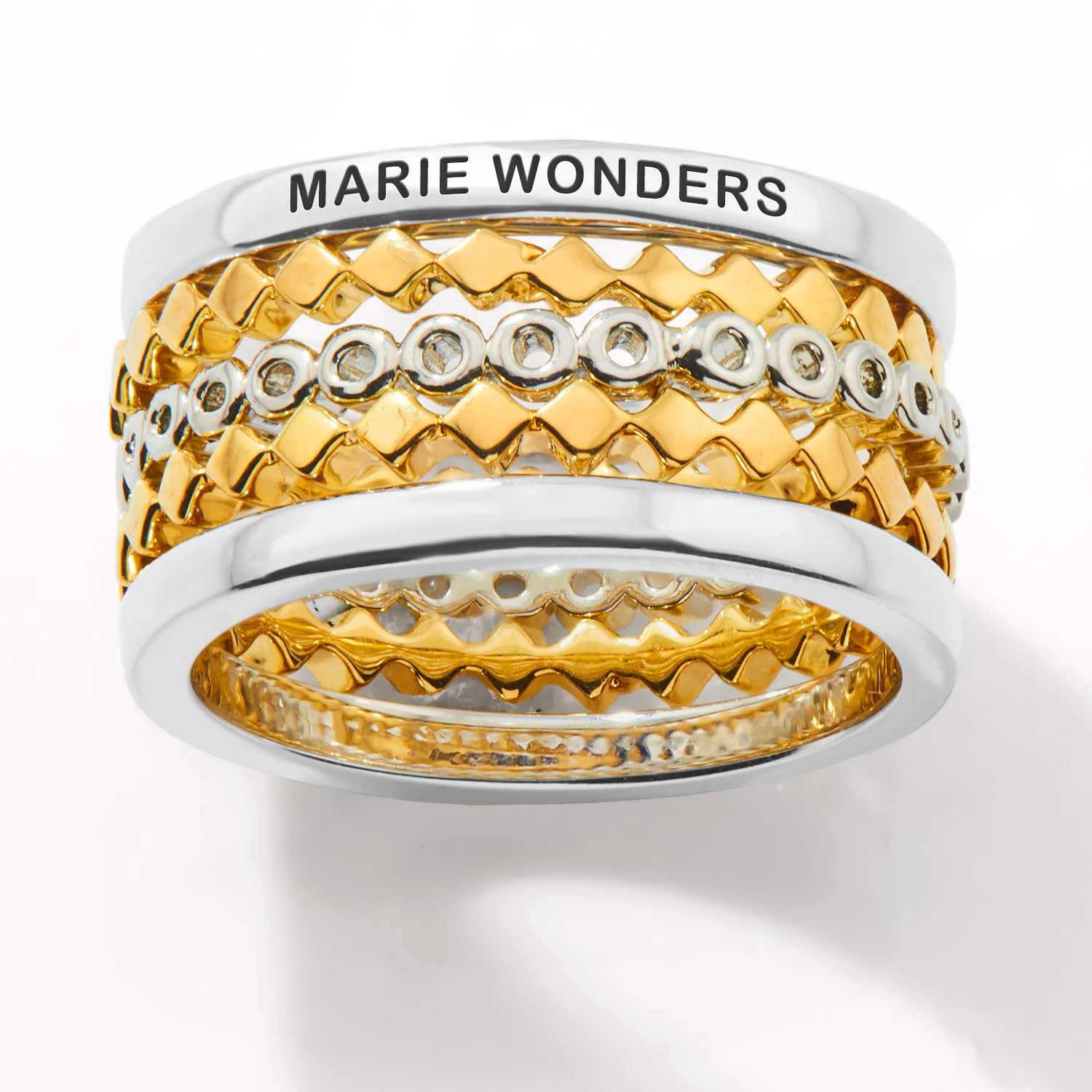 Two-Tone Silver and Gold Plated Personalized Geometric Stackable 5 Ring Set
