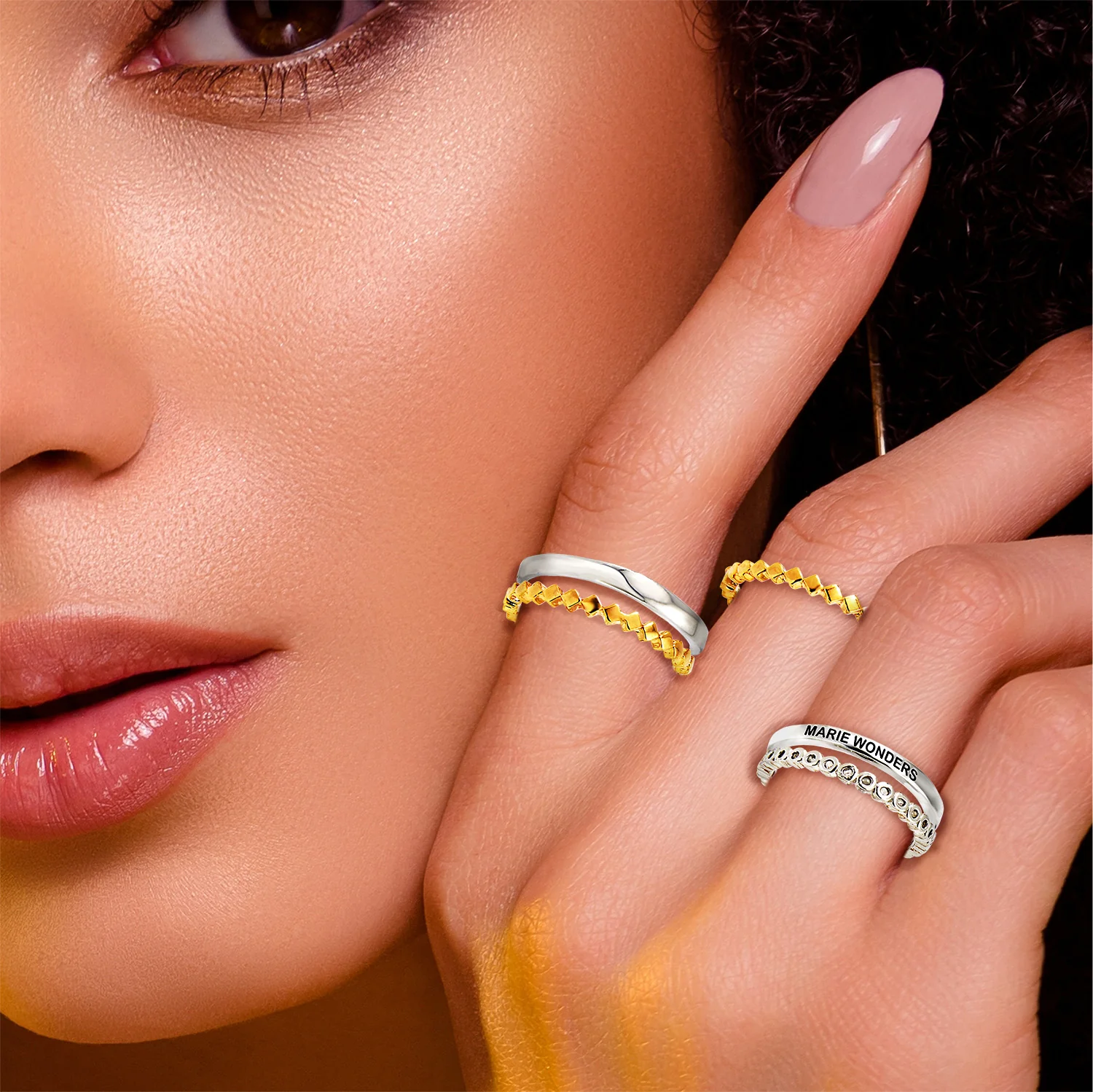 Two-Tone Silver and Gold Plated Personalized Geometric Stackable 5 Ring Set - Image 2