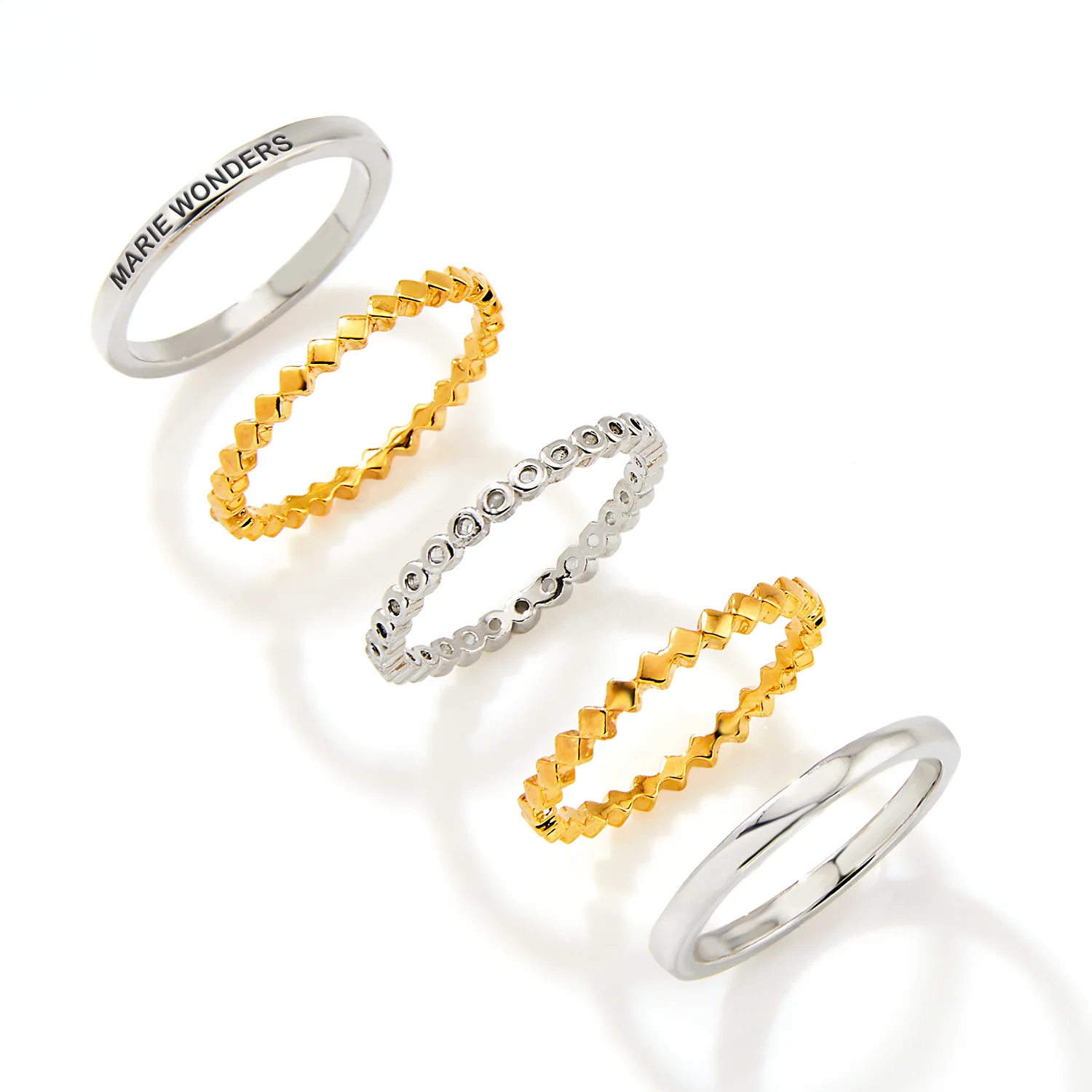 Two-Tone Silver and Gold Plated Personalized Geometric Stackable 5 Ring Set - Image 3