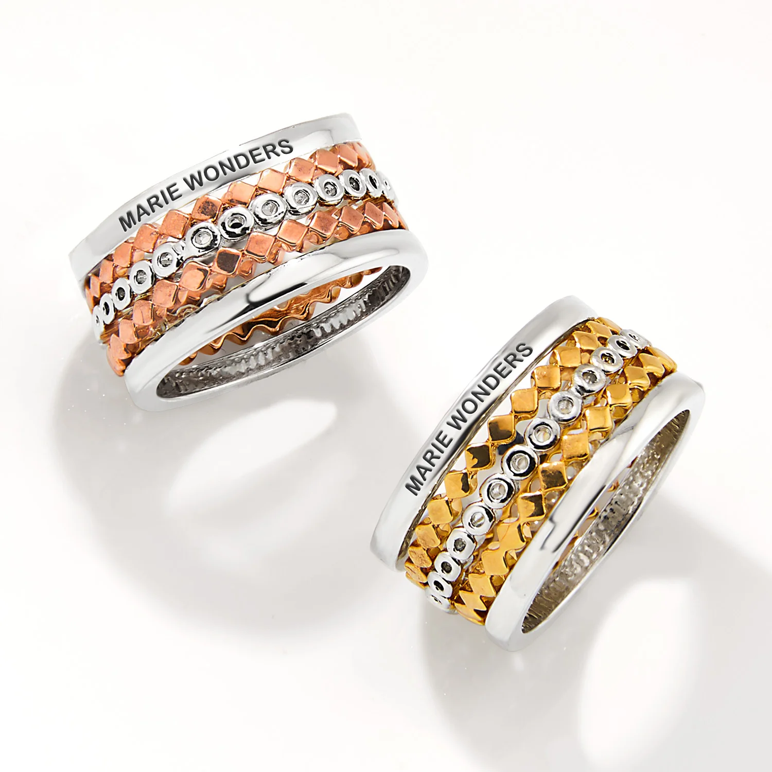 Two-Tone Silver and Gold Plated Personalized Geometric Stackable 5 Ring Set - Image 4