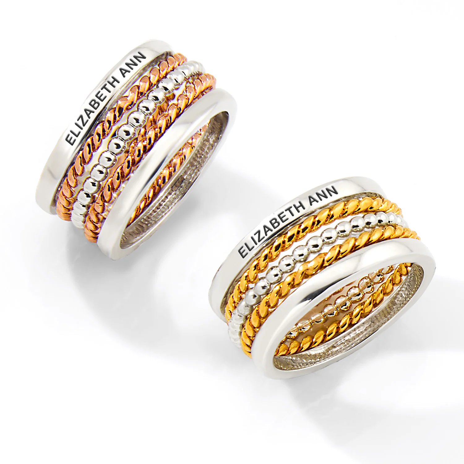 Two-Tone Silver and Rose Gold Plated Personalized Roped Stackable 5 Ring Set - Image 4