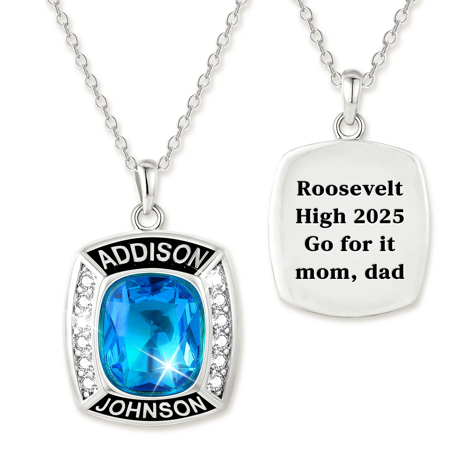 Unisex CELEBRIUM Cushion Birthstone and CZ Personalized Graduation/Class Necklace