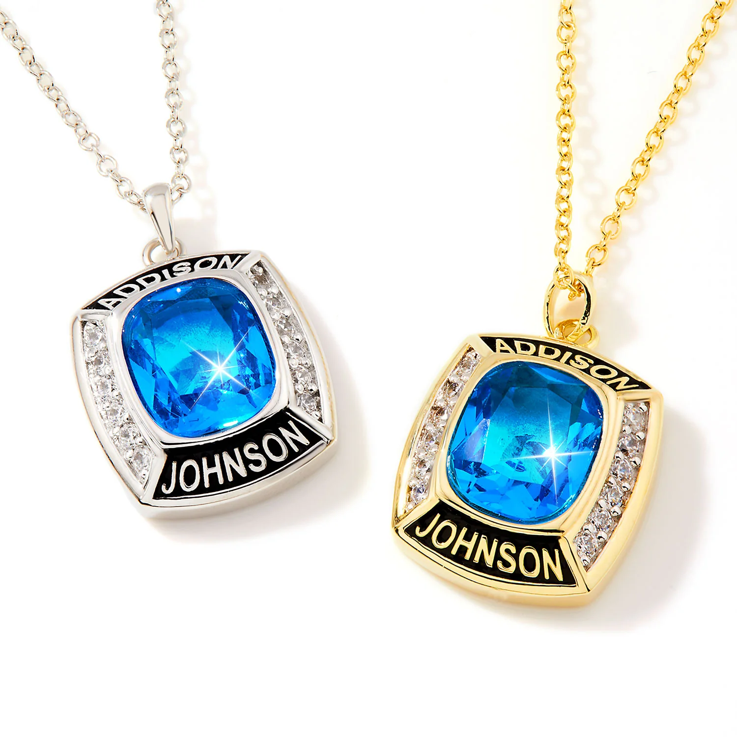 Unisex Gold over Sterling Cushion Birthstone and CZ Personalized Graduation/Class Necklace - Image 2