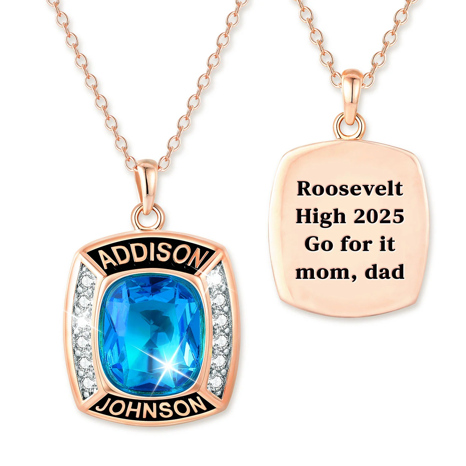 Unisex Rose Gold over Sterling Cushion Birthstone and CZ Personalized Graduation/Class Necklace