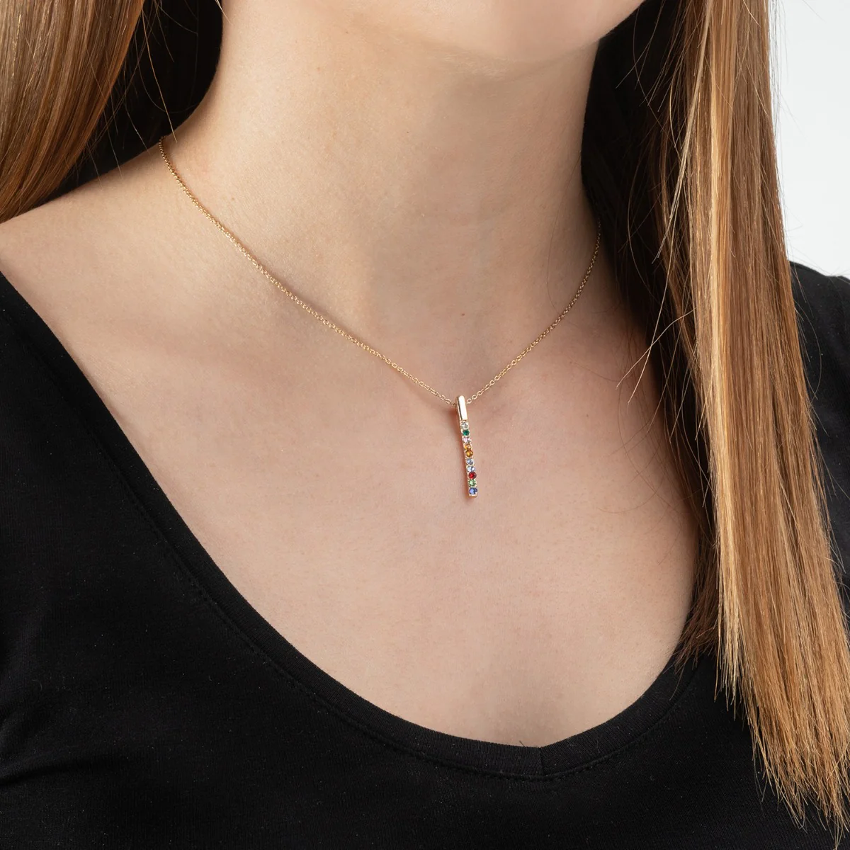 Vertical Family Bar Birthstone Pendant with CZ Studs - Image 6
