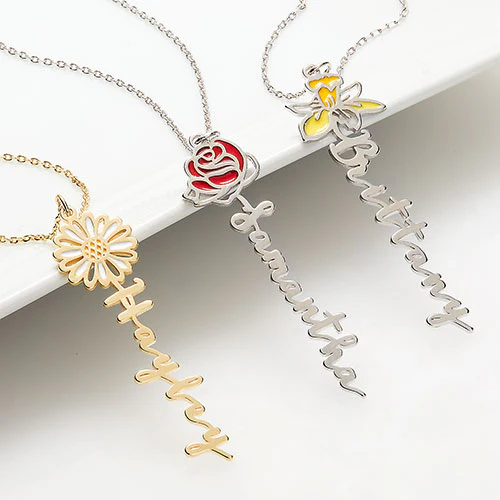Vertical Script Name with Enamel Birthmonth Flower Necklace