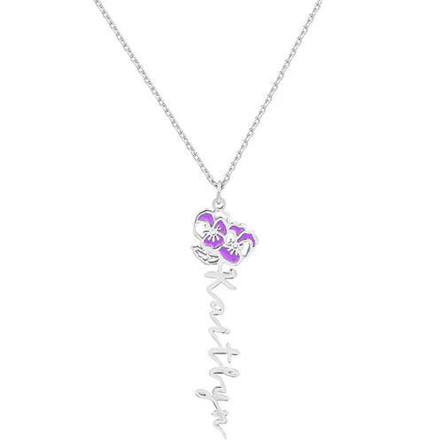 Vertical Script Name with Enamel Birthmonth Flower Necklace - Image 2