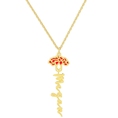 Vertical Script Name with Enamel Birthmonth Flower Necklace - Image 4