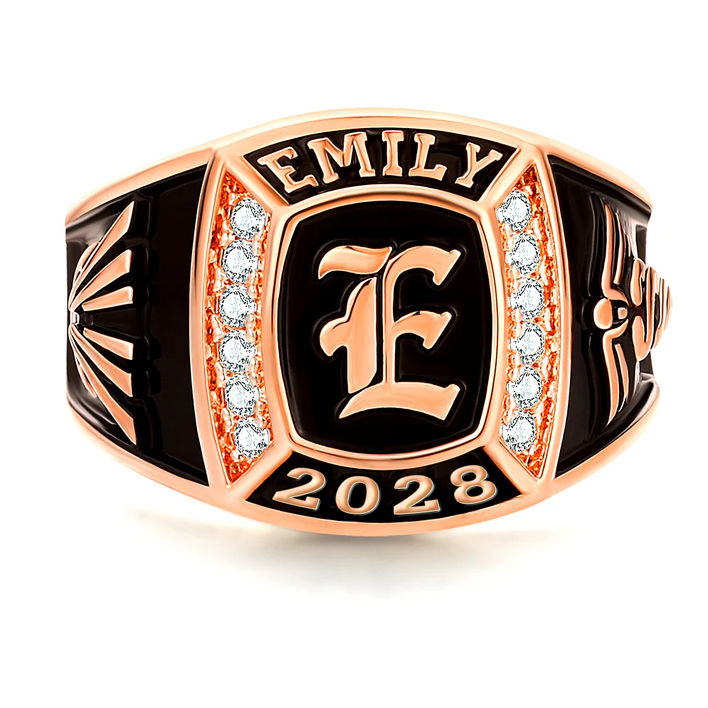 Women's 14K Rose Gold Plated Initial Traditional CZ Square Birthstone Class Ring - Image 2