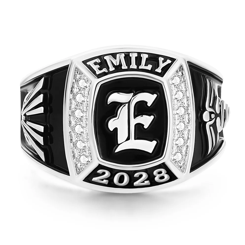 Women's Initial Traditional CZ Square Birthstone Class Ring - Image 2