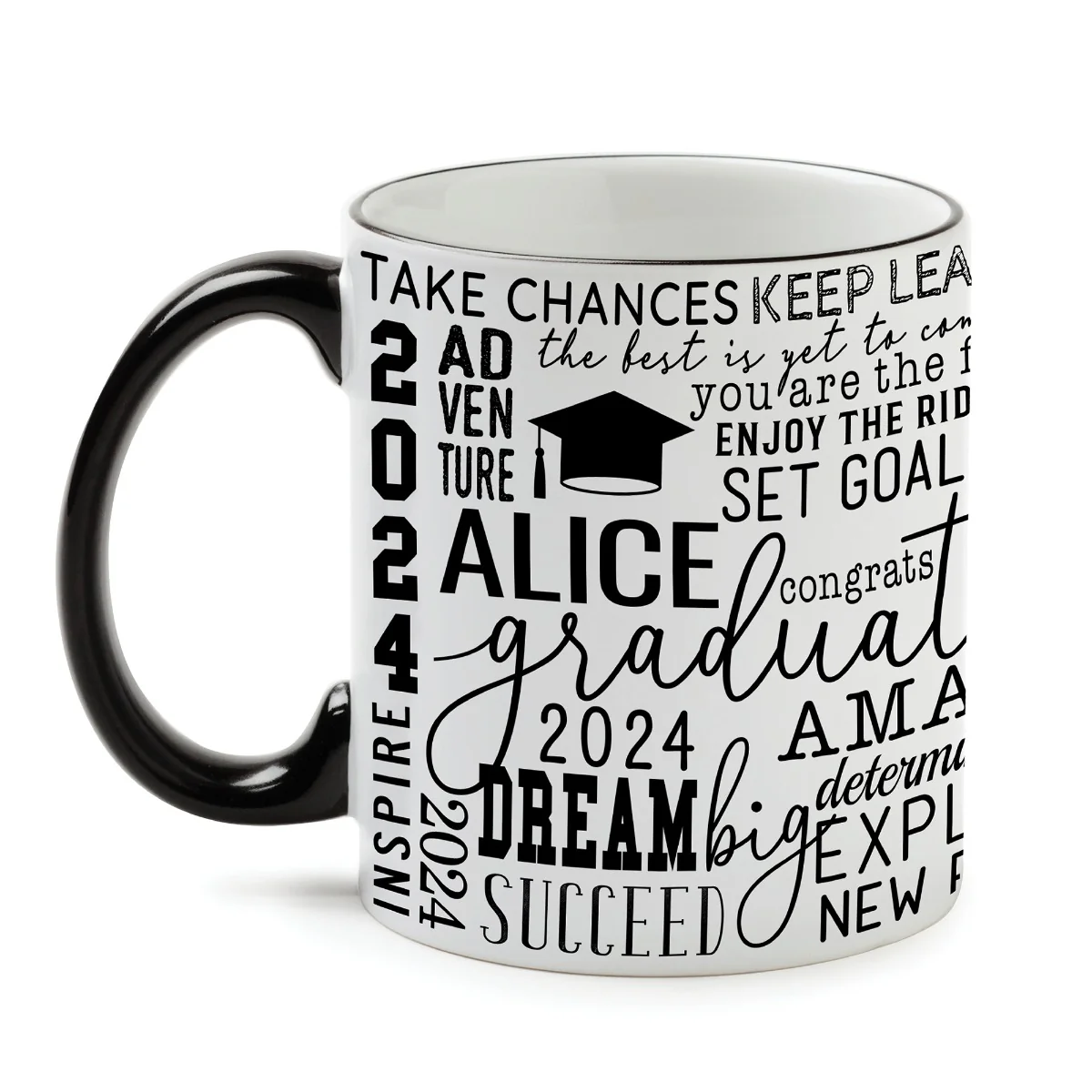 Words of Wisdom Graduate White Coffee Mug with Black Rim and Handle-11oz - Image 3
