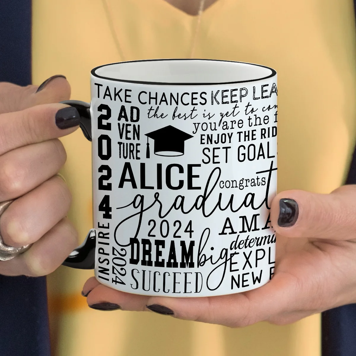 Words of Wisdom Graduate White Coffee Mug with Black Rim and Handle-11oz - Image 4